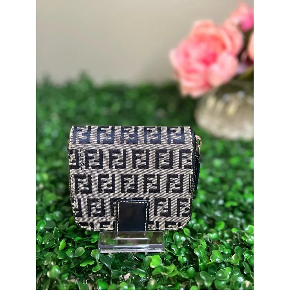 Fendi Vintage Navy Zucca FF Canvas Compact Zip-Around Bifold Wallet Made inItaly